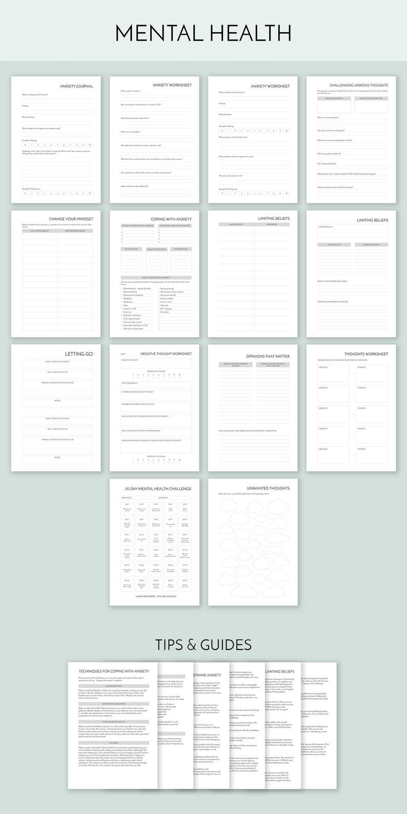 May include: A printable mental health workbook with worksheets and tips for coping with anxiety. The workbook includes sections on challenging anxious thoughts, limiting beliefs, negative thought worksheets, and more.