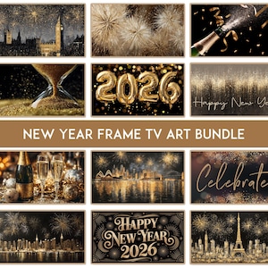 以下が含まれることがあります： 新年のテーマのデジタルアートプリントのコレクション。花火、都市のスカイライン、シャンパン、そして「2026」と「Happy New Year」のテキストが特徴です。カラーパレットは主に金と黒で、お祝いの雰囲気を醸し出しています。