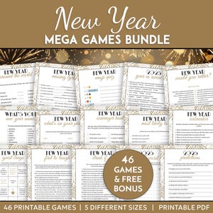 Könnte beinhalten: Ein Paket mit druckbaren Neujahrsspielen, darunter Bingo, Quiz und Eisbrecher-Aktivitäten. Das Bundle enthält 46 Spiele in 5 verschiedenen Größen, mit einem Bonus. Der Text auf dem Bild lautet "New Year MEGA GAMES BUNDLE".
