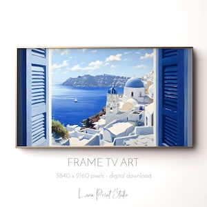 Peut inclure: Impression numérique encadrée représentant une scène côtière. L'œuvre présente des bâtiments blancs avec des dômes et des volets bleus, surplombant une mer bleue vibrante avec un voilier. Le cadre est doré.