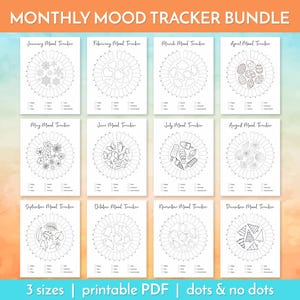 Op de afbeelding: Een printbare PDF-bundel met 12 maandelijkse stemmingstrackers. Elke tracker heeft een ander seizoensgebonden thema en een cirkel die is verdeeld in 31 secties voor dagelijkse stemmingstracking. De trackers zijn verkrijgbaar in drie maten en met of zonder stippen.
