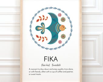 Fika Print Scandinavian Folk Art Bird Wall Decor Swedish Quote Fika Definition Mindfulness Nordic Art Cozy Wall Print Farmhouse Printed