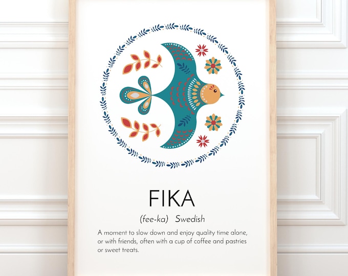 Fika Print Scandinavian Folk Art Bird Wall Decor Swedish Quote Fika Definition Mindfulness Nordic Art Cozy Wall Print Farmhouse Printed