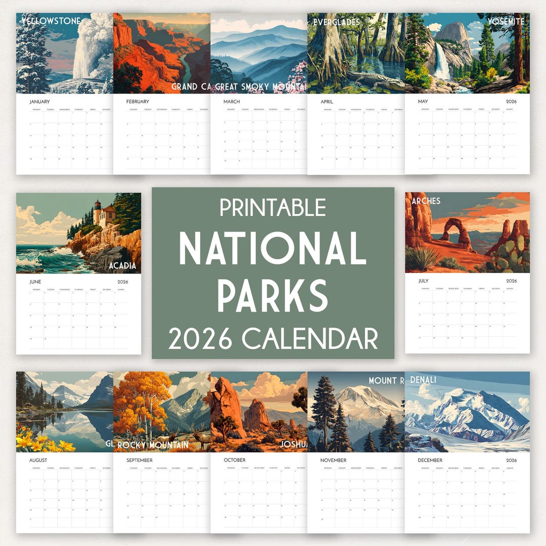 2026 National Parks Calendar PRINTABLE Monthly Calendar Vintage Travel