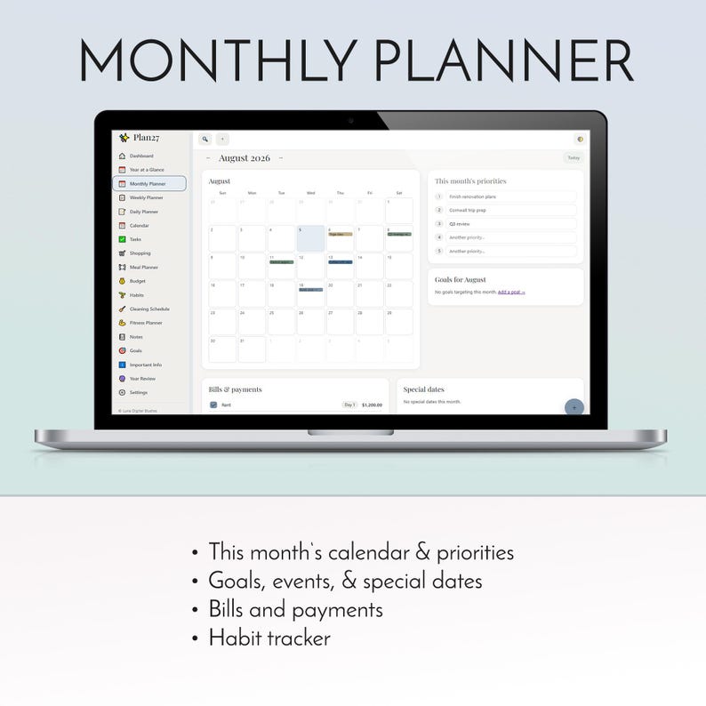 2027 digital planner app installed on iPhone home screen, offline life organizer with habit tracker budget planner and meal planner, no subscription no account no monthly fee productivity dashboard, daily weekly monthly planning for iPhone iPad Android Windows Mac, private on-device data storage, instant digital download from Luna Digital Studios