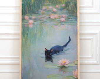 Impresión de estanque de nenúfares, divertido arte de pared de gato negro, imprimible, póster de Monet de moda, impresión de pintura al óleo impresionista, decoración de animales divertida y estética