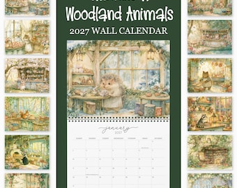 Może przedstawiać: Kalendarz ścienny na 2027 rok pod tytułem Whimsical Woodland Animals, z ciemnozieloną okładką i białym tekstem. Kalendarz zawiera dwanaście ilustracji w stylu akwarelowym przedstawiających antropomorficzne zwierzęta w leśnym otoczeniu.