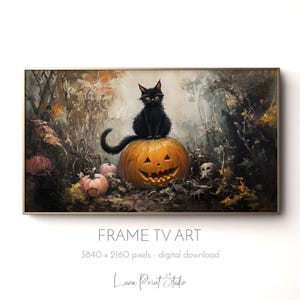 May include: A framed digital art print featuring a black cat perched atop a carved orange pumpkin. The Halloween-themed artwork includes other pumpkins, skulls, and a forest background. The text "FRAME TV ART" is displayed at the bottom.