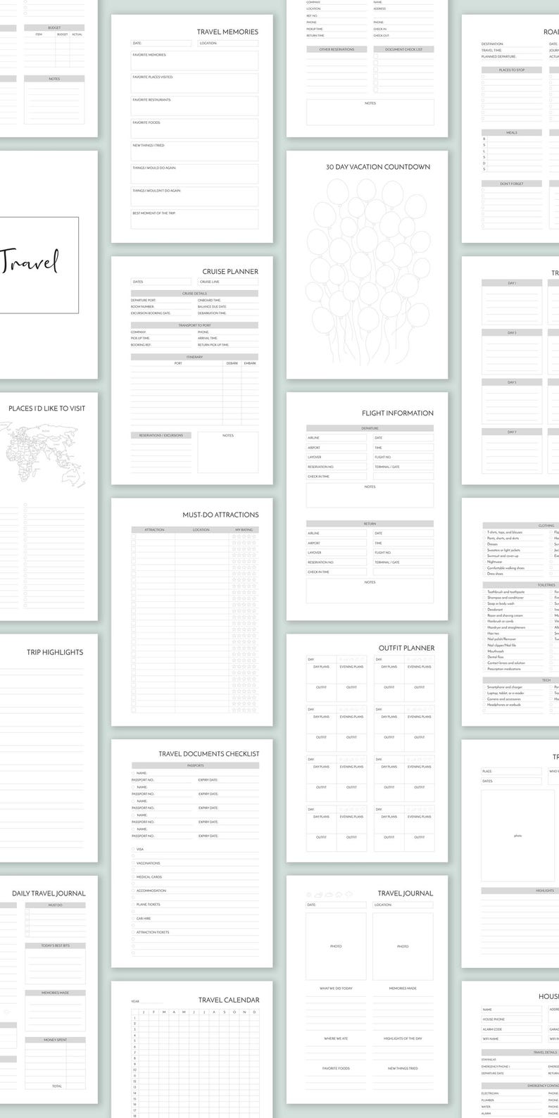 K&ouml;nnte beinhalten: Ein druckbarer Reiseplaner mit Abschnitten f&uuml;r Reiseerinnerungen, Kreuzfahrtplaner, Sehensw&uuml;rdigkeiten, Checkliste f&uuml;r Reisedokumente, Reisekalender, 30-Tage-Urlaubscountdown, Flugdaten, Outfit-Planer, Reisetagebuch, Orte, die man besuchen m&ouml;chte, und Reisehighlights.