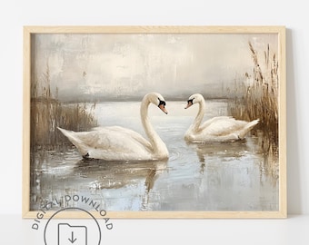 Vintage Schwäne Druck DRUCKBAR Schwan Ölgemälde Poster Cottagecore Wand Kunst Trendy Dekor Frankreich Cottage Dekor Landschaft Kunst