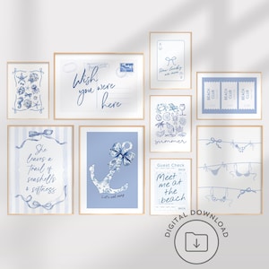 Set di stampe artistiche da parete alla moda con tema costiero, poster "Beachy Coquette", decorazione per camera da letto per ragazze adolescenti, appartamento in dormitorio, stampa artistica con fiocco, cartolina retrò, stampabile.
