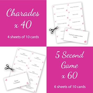 May include: Two sets of game cards, one for charades and one for a 5-second game. The charades cards are pink with white text and hearts. The 5-second game cards are white with black text and hearts. The charades set has 40 cards and the 5-second game set has 60 cards.