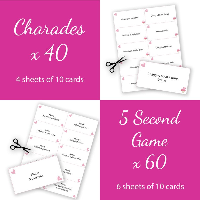 May include: Two sets of game cards, one for charades and one for a 5-second game. The charades cards are pink with white text and hearts. The 5-second game cards are white with black text and hearts. The charades set has 40 cards and the 5-second game set has 60 cards.