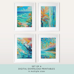 May include: Set of four digital printable art prints featuring abstract paintings of tropical beaches with turquoise water, palm trees, and colourful skies. The prints are available in multiple sizes.