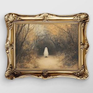 Ghost in Forest Print PRINTABLE Halloween Oil Painting Fall Wall Art Cute Ghost Trendy Boho Halloween Decor Autumn Woodland Poster Spooky