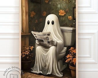 Ghost on Toilet Print PRINTABLE Vintage Halloween Oil Painting Wall Art Cute Ghost Bathroom Halloween Decor Poster Bathroom Humor Gothic