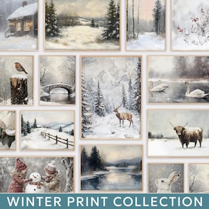 May include: A collection of framed winter landscape prints. The prints depict snowy scenes with cabins, bridges, animals, and children building a snowman. The color palette is muted with whites, grays, and browns. The text at the bottom reads "WINTER PRINT COLLECTION."