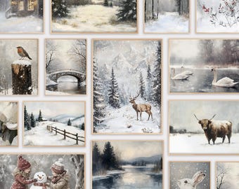 Vintage Winter Print Bundle PRINTABLE Winter Antique Oil Painting Set Snow Gallery Wall Art Collection Christmas Decor Snowy Landscape