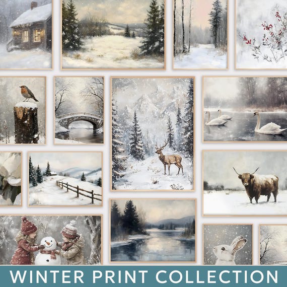 Vintage Winter Print Bundle PRINTABLE Winter Antique Oil Painting Set Snow Gallery Wall Art Collection Christmas Decor Snowy Landscape