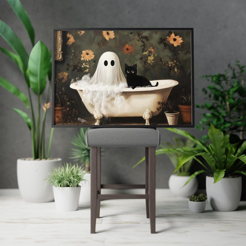 Ghost & Black Cat in Bath Print PRINTABLE Vintage Halloween Oil ...