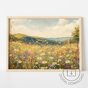 Sommer Wildblumen Feld Druck DRUCKBAR Wildblumen Wiese Dekor Vintage Ölgemälde Poster Land Sommer Wand Kunst Blumenlandschaft Print