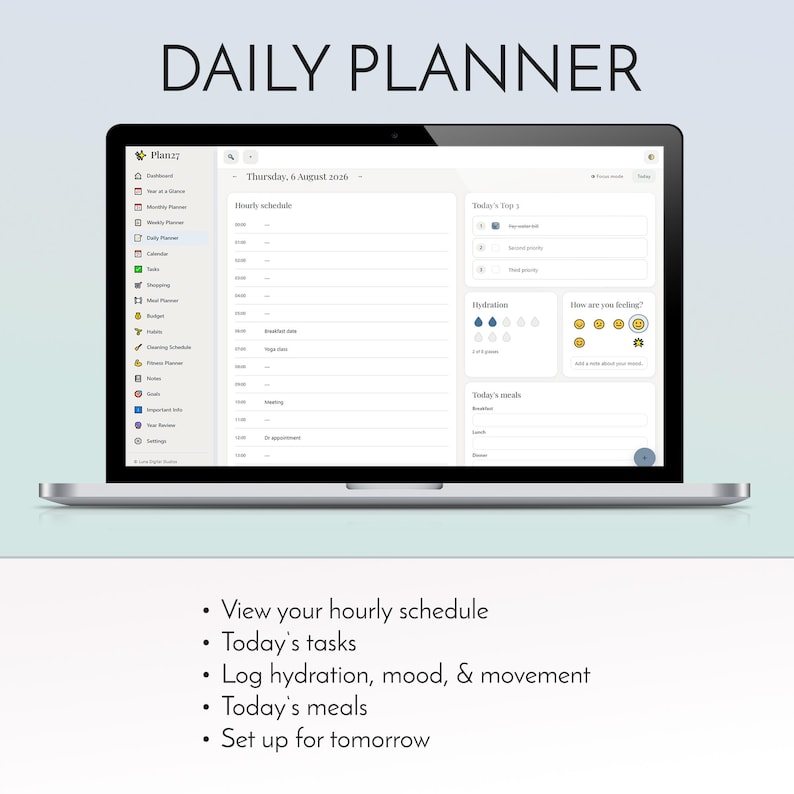 2027 digital planner app installed on iPhone home screen, offline life organizer with habit tracker budget planner and meal planner, no subscription no account no monthly fee productivity dashboard, daily weekly monthly planning for iPhone iPad Android Windows Mac, private on-device data storage, instant digital download from Luna Digital Studios