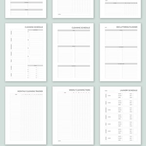 May include: A printable cleaning and chore planner with checklists, schedules, and trackers for weekly and monthly cleaning tasks. The planner includes sections for laundry, decluttering, and a laundry guide with symbols.