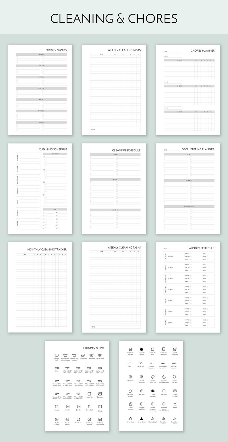 May include: A printable cleaning and chore planner with checklists, schedules, and trackers for weekly and monthly cleaning tasks. The planner includes sections for laundry, decluttering, and a laundry guide with symbols.