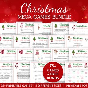 May include: A collection of Christmas-themed printable games, including trivia, quizzes, and bingo. The bundle features various game types with festive graphics and text, such as "Christmas Movie Quiz" and "Santa Claus Around the World." The image includes the text "75+ GAMES & FREE BONUS."