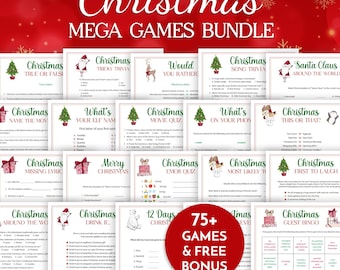 May include: A collection of Christmas-themed printable games, including trivia, quizzes, and bingo. The bundle features various game types with festive graphics and text, such as "Christmas Movie Quiz" and "Santa Claus Around the World." The image includes the text "75+ GAMES & FREE BONUS."