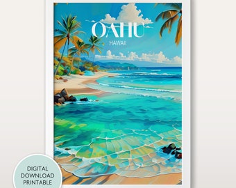 May include: A digital printable poster featuring a vibrant illustration of a beach scene in Oahu, Hawaii. The poster features palm trees, turquoise water, and a sandy beach. The text "Oahu Hawaii" is displayed in white at the top of the poster.