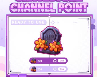 May include: A digital graphic featuring a cartoon gravestone with orange flowers and the text "RIP." The image is labeled "GRAVESTONE CHANNEL POINT" and includes size specifications in pixels.
