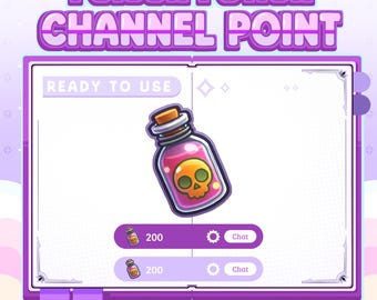 May include: A digital graphic featuring a pink potion bottle with a skull and crossbones label. The text "POISON POTION CHANNEL POINT" is displayed above. Additional text includes "READY TO USE" and "28, 56, 112, & 1000 PX".