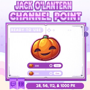 May include: A digital graphic featuring a smiling orange Jack O'Lantern. The text "JACK O'LANTERN CHANNEL POINT" is displayed above the pumpkin. The image includes the text "READY TO USE" and pixel size options.