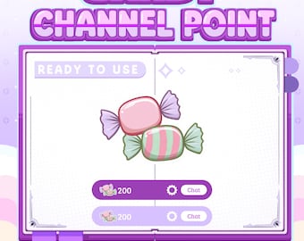 May include: A digital graphic with the text "CANDY CHANNEL POINT" in purple. The image features two wrapped candies, one pink and one green with stripes. The graphic includes the text "READY TO USE" and "28, 56, 112, & 1000 PX".