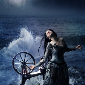 May include: A woman in a flowing, gray dress stands in the ocean, holding a spinning wheel. The moon shines brightly in the night sky above her. The water is churning around her, creating a sense of movement and energy.