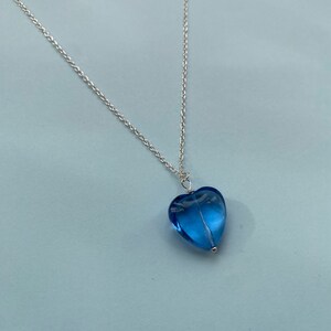 Water Heart Necklace - Blue Glass Bead Pendant Silver Plated Chain Necklace