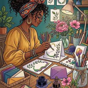 Peut inclure: Une illustration d'une personne aux cheveux bouclés portant un foulard et une chemise jaune, dessinant des motifs botaniques sur un bureau. L'espace de travail comprend des encriers, des pinceaux, des enveloppes colorées et des vases de fleurs roses.