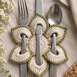 Peut inclure: Un porte-couverts en crochet crème et vert olive en forme de fleur, doté de six pétales arrondis avec des ouvertures centrales qui maintiennent une fourchette, un couteau et une cuillère en acier inoxydable à la verticale.