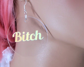 Holographic Rainbow Bitch Swear Word Clear Disk Feminist Pastel Goth Pink earrings Lightweight Free Shipping MTcoffinz