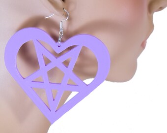 Pentagram Heart 3D printed Pastel Goth Creepy Cute Pentacle Decoden Kawaii hoop earrings Lightweight Free Shipping MTcoffinz
