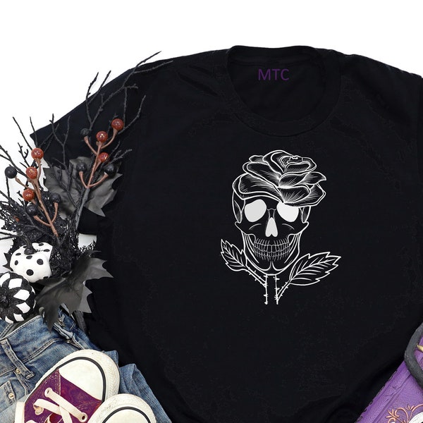 Skull Rose Floral Garden Witch Tee Shirt Unisex All Genders Soft Feel Nu Goth Artist Gothic Artsy Witchy MTcoffinz
