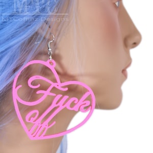 F*ck Off F  Word Heart Hoop Earrings 3D printed Swear Word Offensive Rude Goth Curse earrings Lightweight Free Shipping MTcoffinz Mature