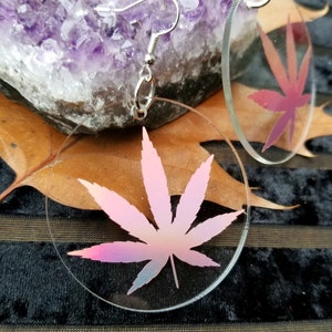 Pot Leaf Marijuana Flower Rose Gold Holographic Color Shifting Rainbow Clear Disk  earrings Lightweight Free Shipping MTcoffinz