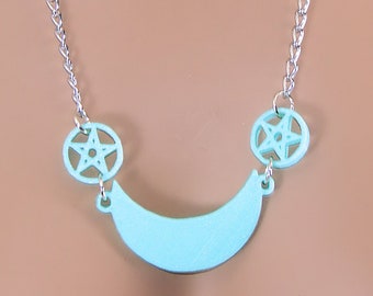 Crescent Moon Pentacle Pentagram Pastel Goth necklace 3D printed Gothic Pagan Witch Luna Wicca Wiccan Lightweight Free Ship MTcoffinz