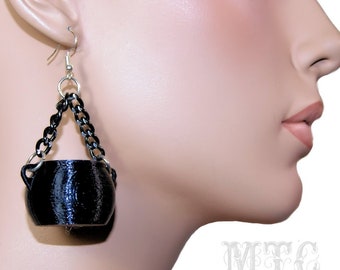 Witchy Cauldron 3D printed dangle black chain Wicca Witch Pagan earrings Lightweight Free Shipping MTcoffinz