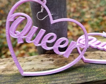 Queer Queerings Gay Pride LGBTQIA Heart Hoop Earrings Word Art Jewelry 3D printed statement earrings Lightweight Free Shipping MTcoffinz