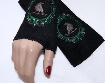 Dark Green Cameo Black Raven Crow Bird Embroidered Fleece Arm Warmers MTCoffinz