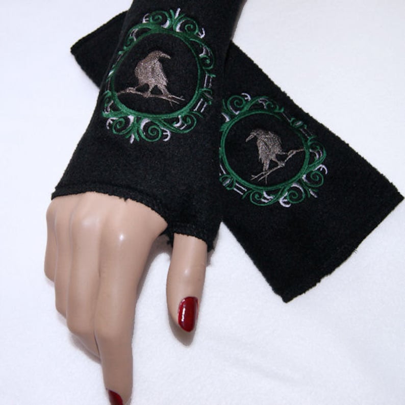 Dark Green Cameo Black Raven Crow Bird Embroidered Fleece Arm Warmers MTCoffinz image 1