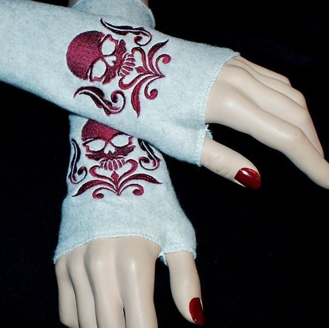 Embroidered Damask Skull Fleece Arm Warmers Burgundy / Gray Etsy